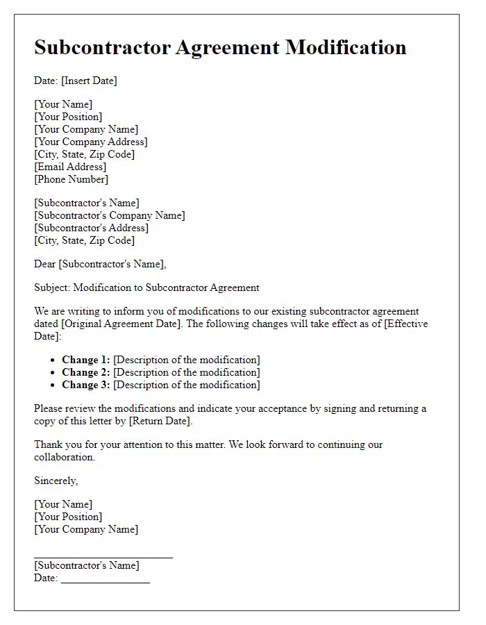 Letter template of subcontractor agreement modification