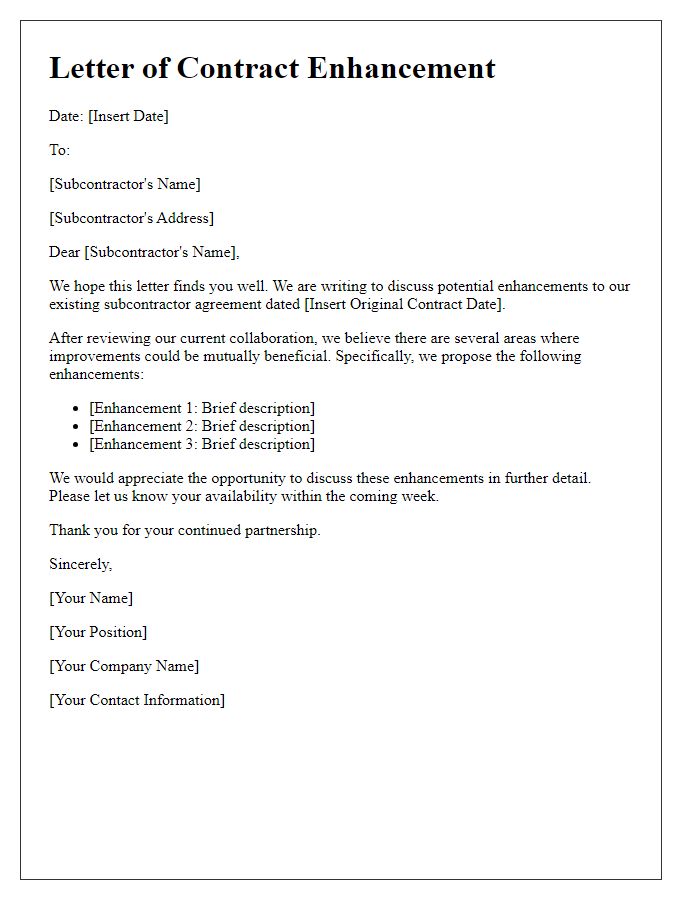 Letter template of subcontractor contract enhancement