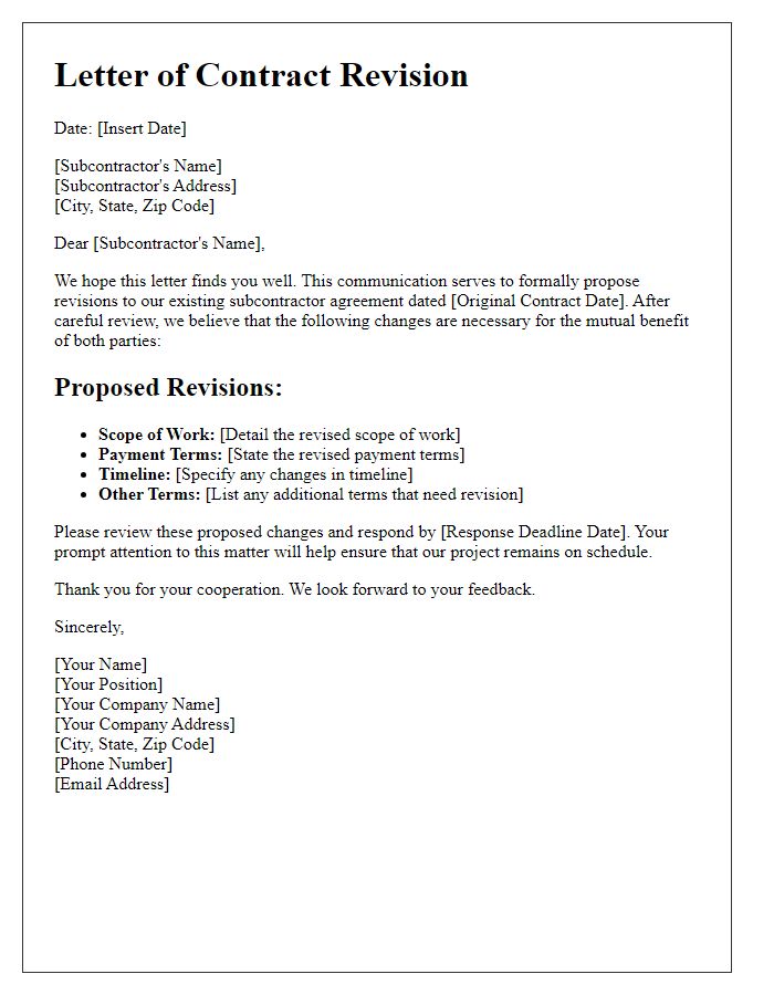 Letter template of subcontractor contract revision