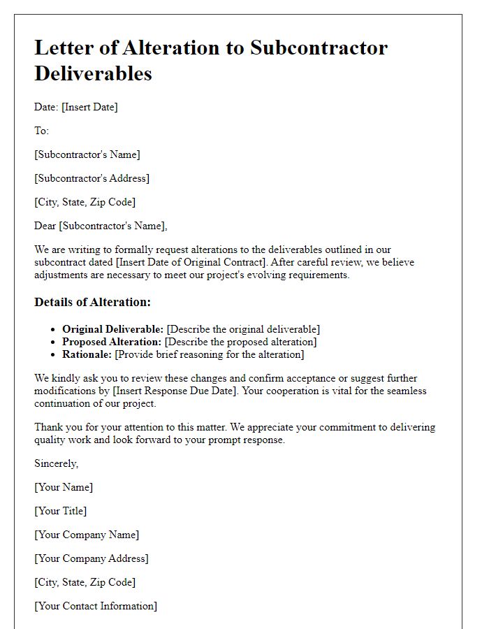 Letter template of subcontractor deliverables alteration