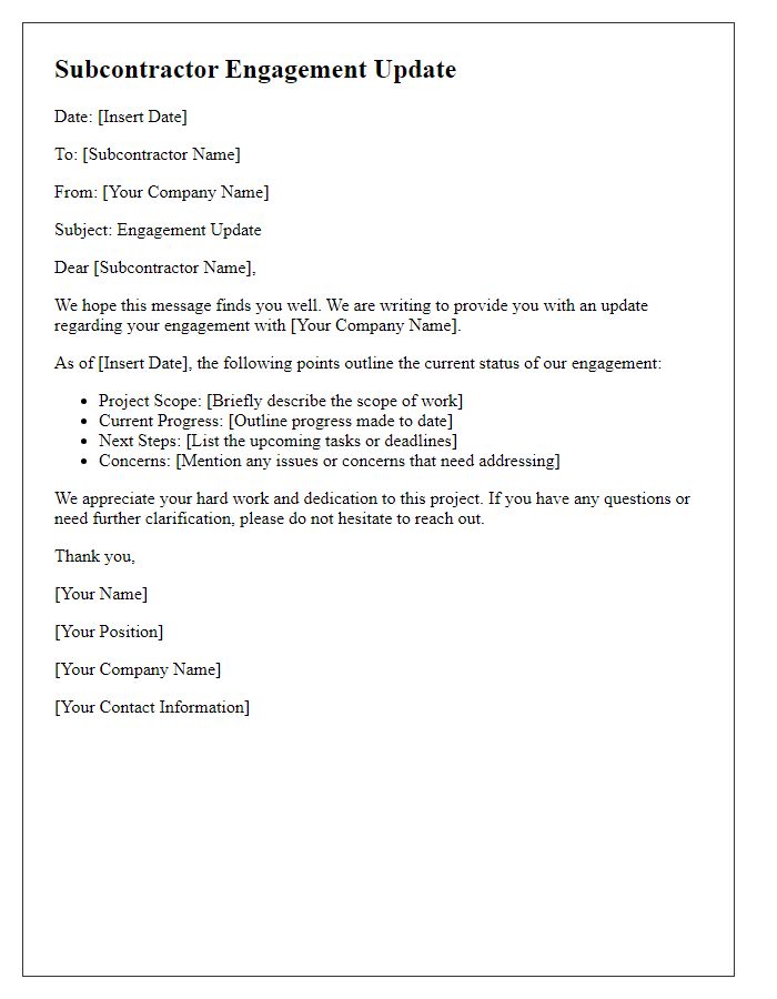 Letter template of subcontractor engagement update