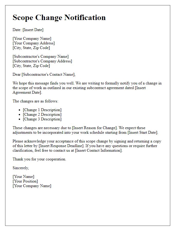 Letter template of subcontractor scope change