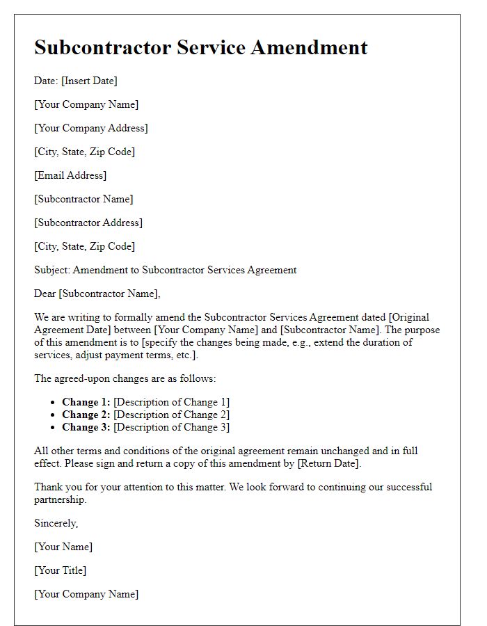 Letter template of subcontractor service amendment