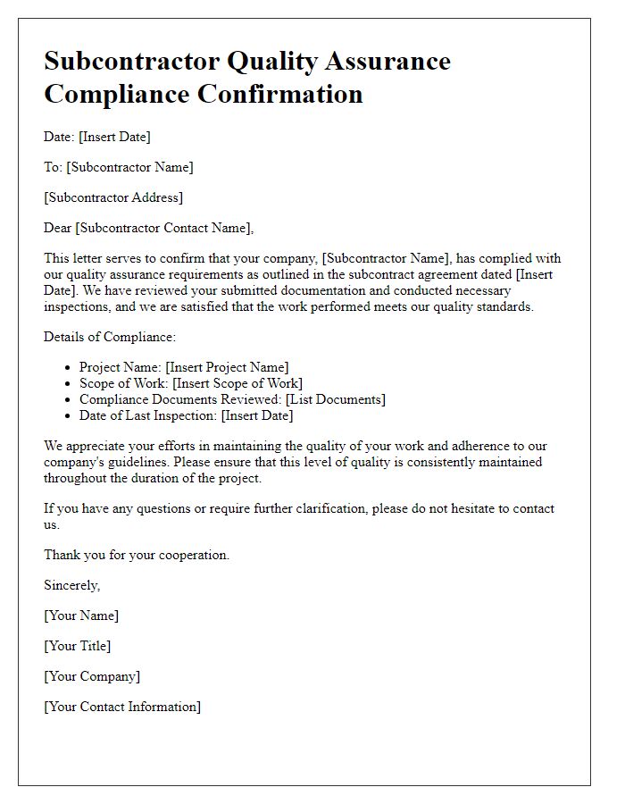 Letter template of subcontractor quality assurance compliance confirmation