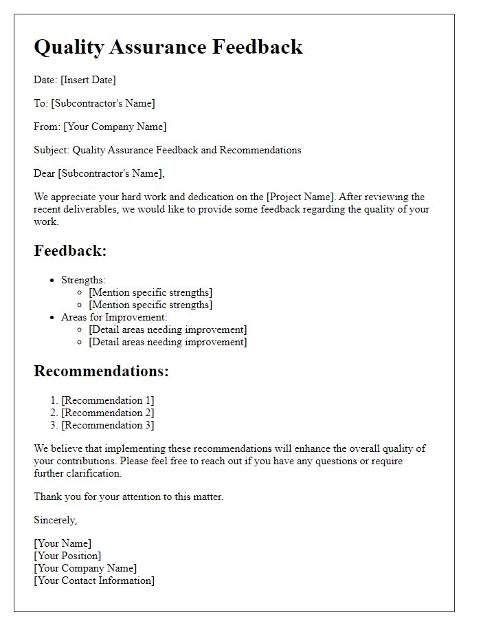 Letter template of subcontractor quality assurance feedback and recommendations