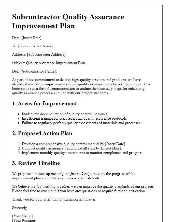 Letter template of subcontractor quality assurance improvement plan