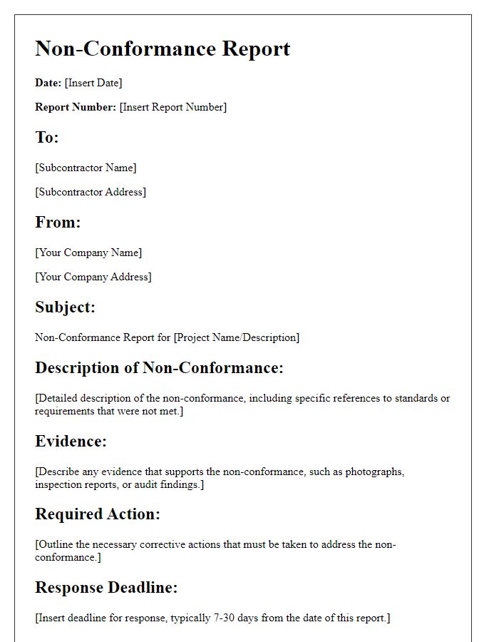 Letter template of subcontractor quality assurance non-conformance report