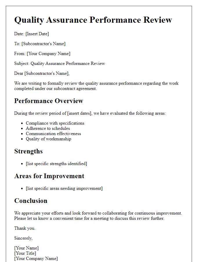 Letter template of subcontractor quality assurance performance review