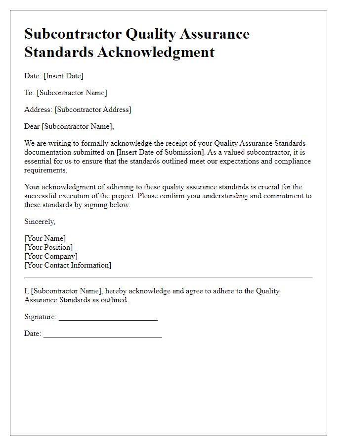 Letter template of subcontractor quality assurance standards acknowledgment