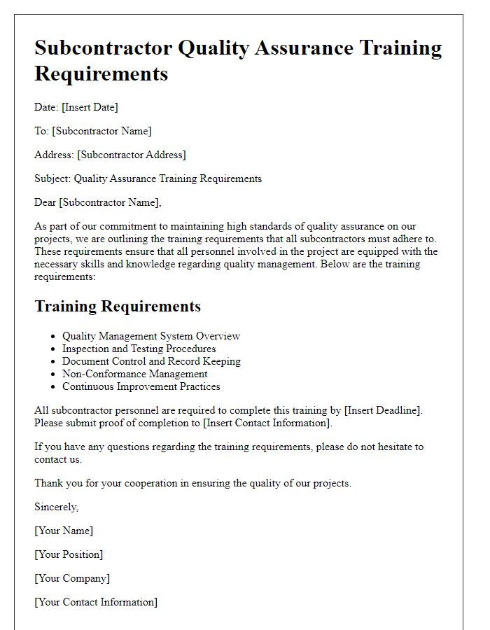 Letter template of subcontractor quality assurance training requirements