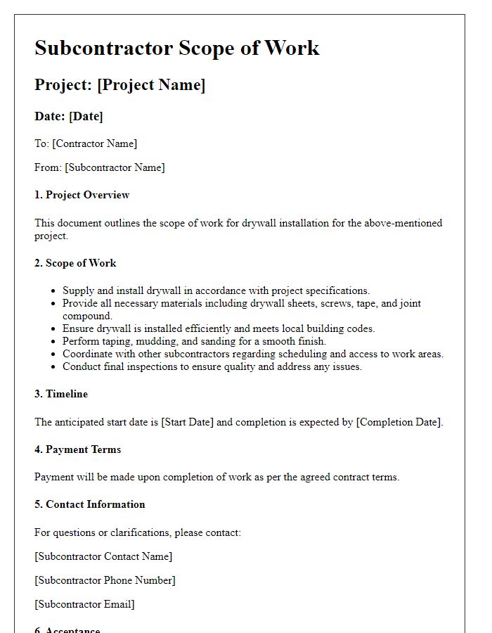 Letter template of subcontractor scope of work for drywall installation