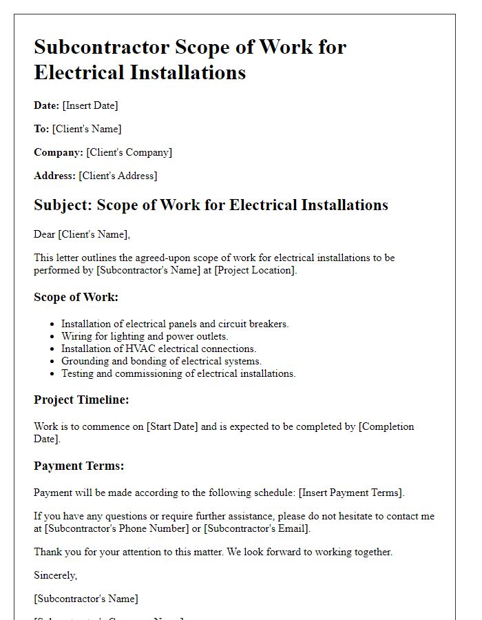 Letter template of subcontractor scope of work for electrical installations