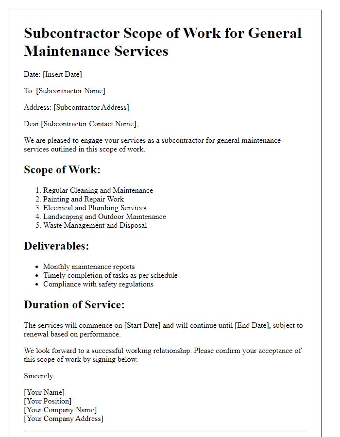 Letter template of subcontractor scope of work for general maintenance services