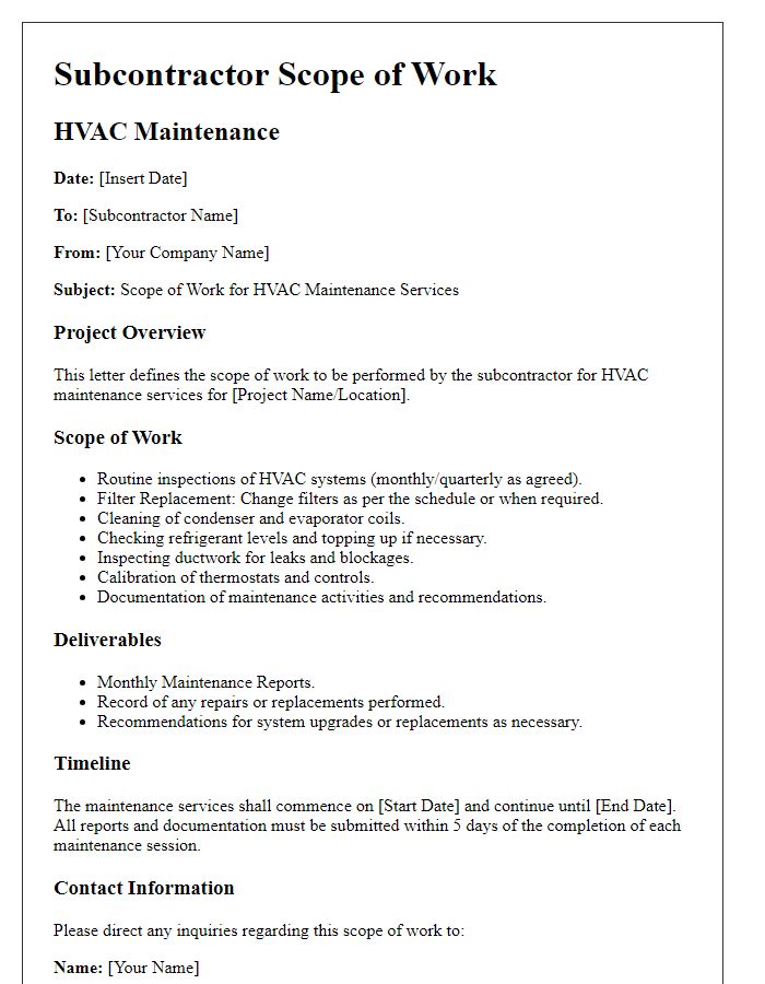 Letter template of subcontractor scope of work for HVAC maintenance