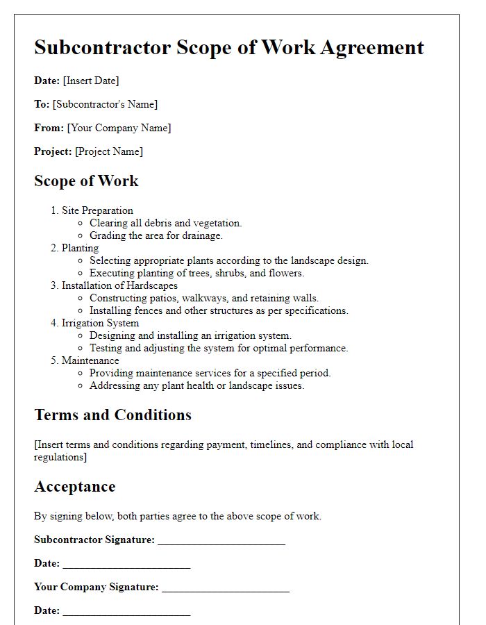 Letter template of subcontractor scope of work for landscaping contracts