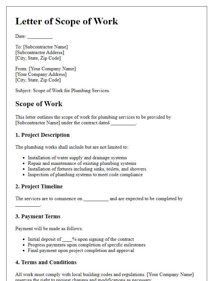 Letter template of subcontractor scope of work for plumbing services