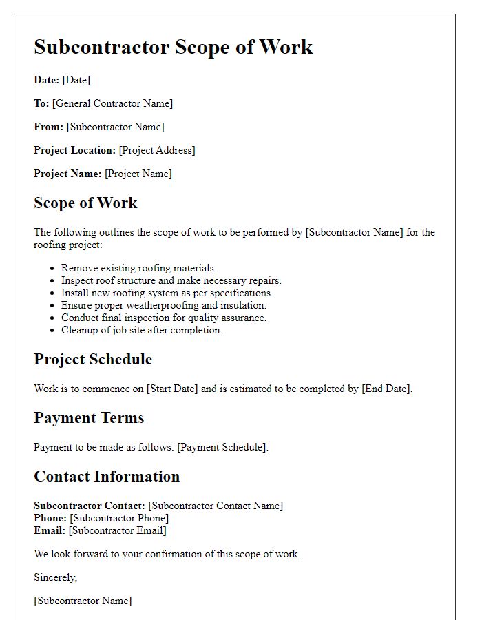 Letter template of subcontractor scope of work for roofing projects