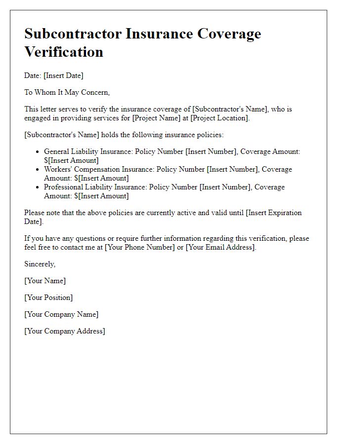 Letter template of subcontractor insurance coverage verification