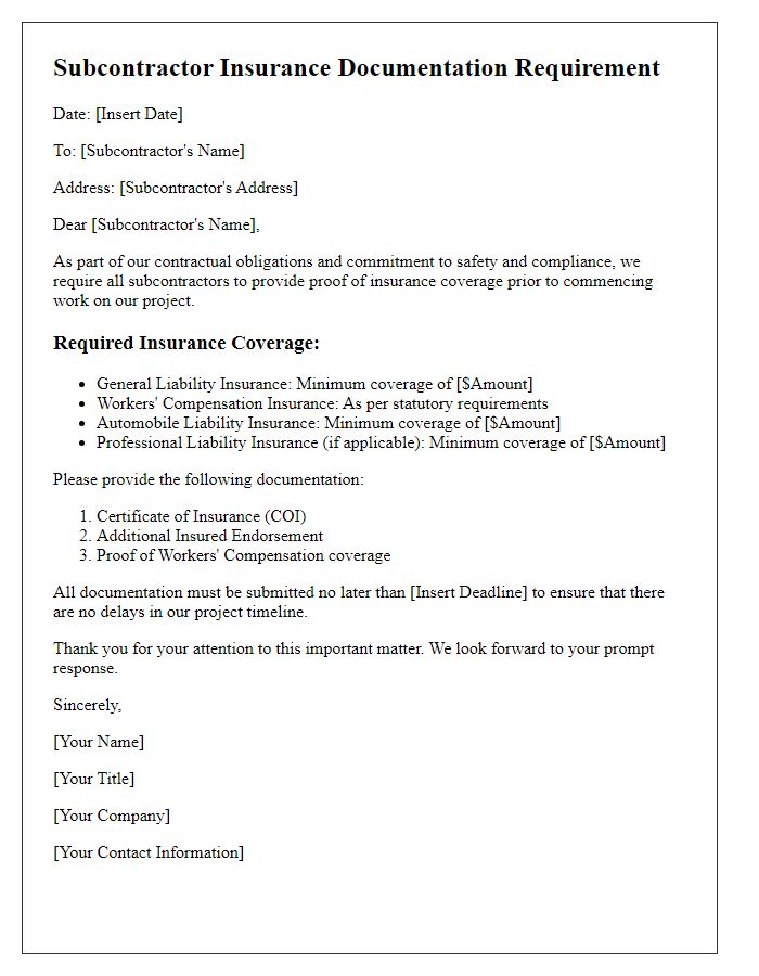 Letter template of subcontractor insurance documentation requirement