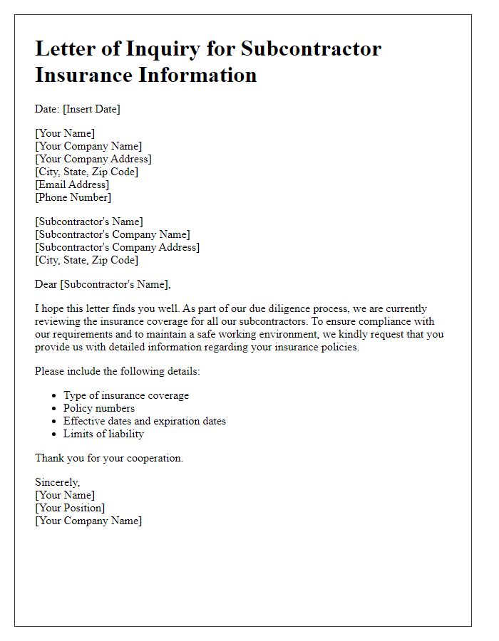 Letter template of subcontractor insurance information inquiry