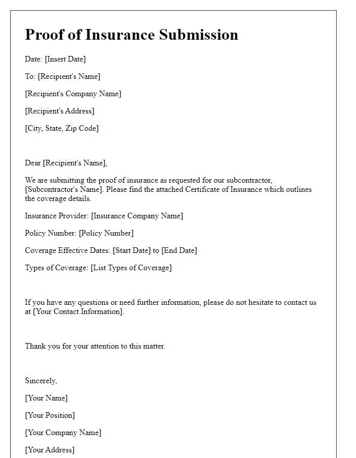 Letter template of subcontractor proof of insurance submission