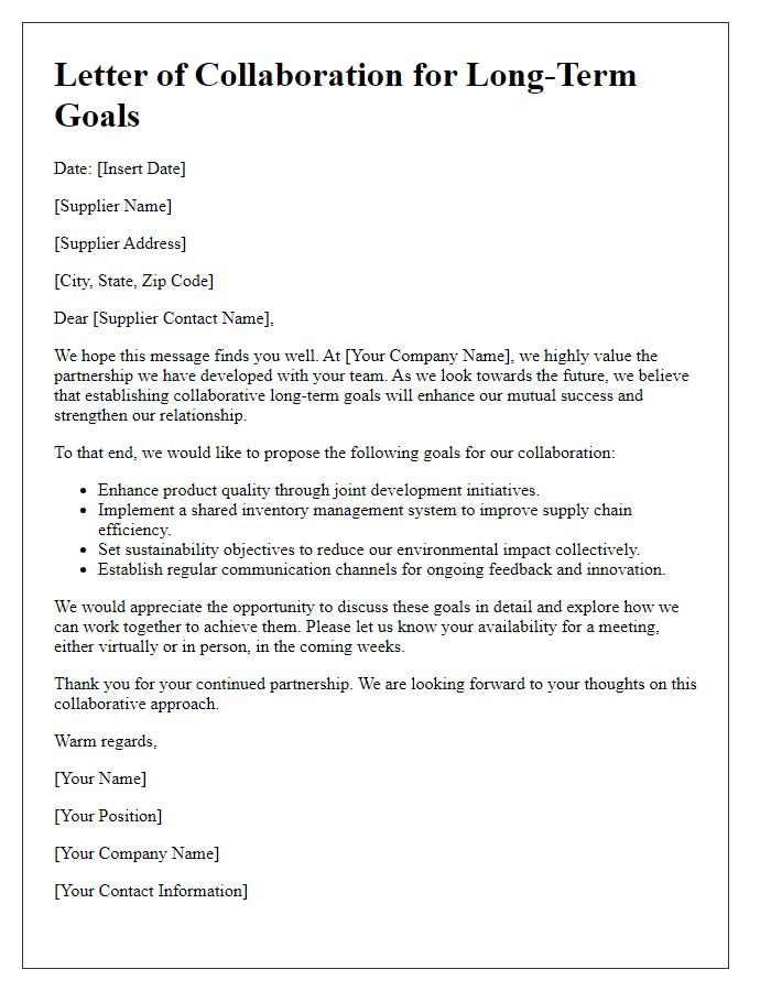 Letter template of collaborative long-term goals with suppliers