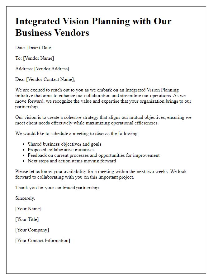 Letter template of integrated vision planning with business vendors