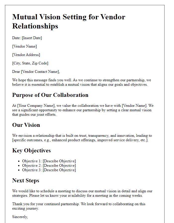 Letter template of mutual vision setting for vendor relationships