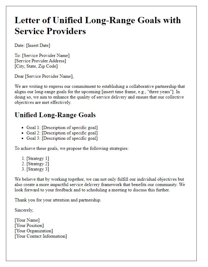 Letter template of unified long-range goals with service providers