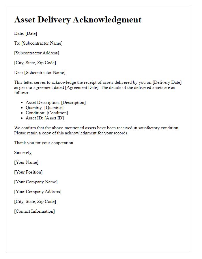 Letter template of subcontractor asset delivery acknowledgment