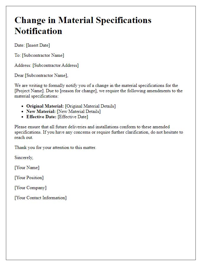 Letter template of subcontractor change in material specifications