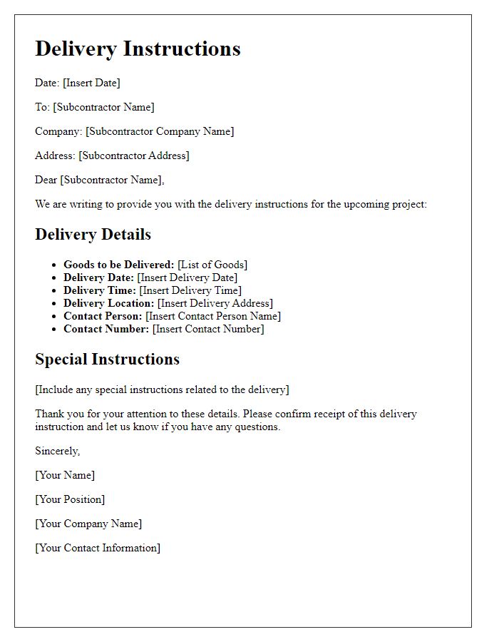 Letter template of subcontractor delivery instructions