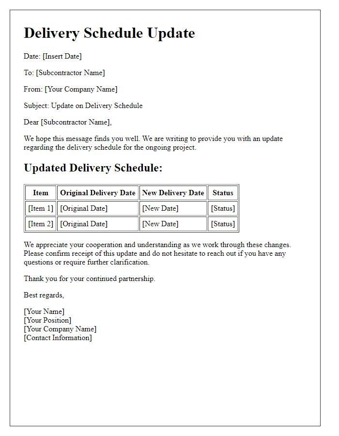 Letter template of subcontractor delivery schedule update