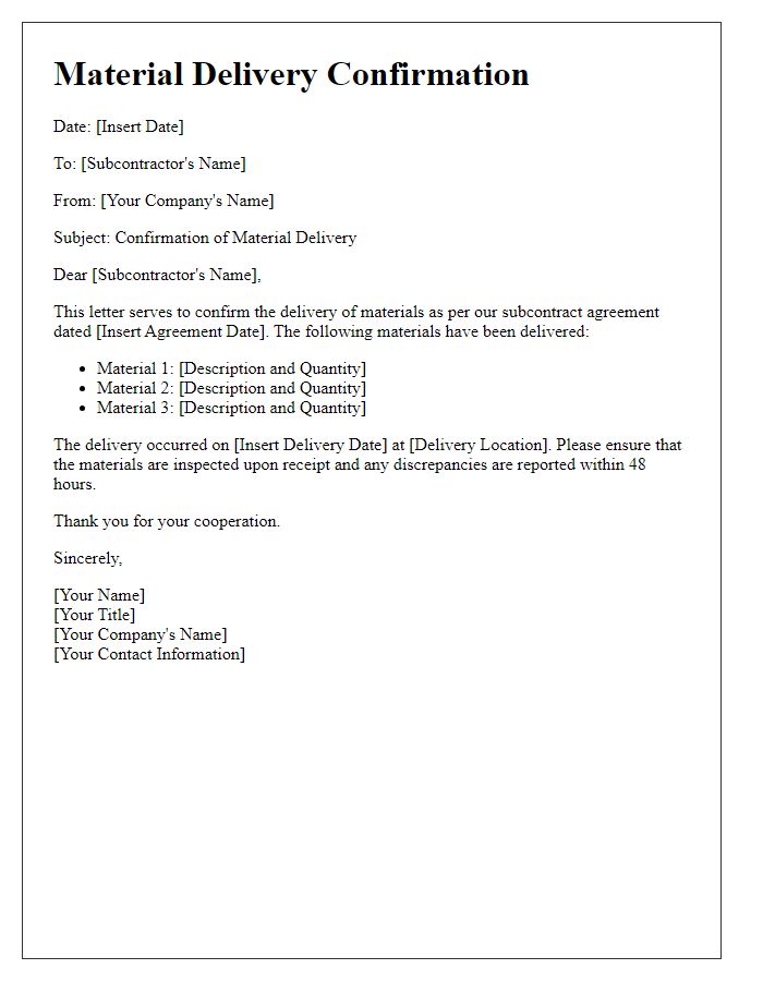 Letter template of subcontractor material delivery confirmation