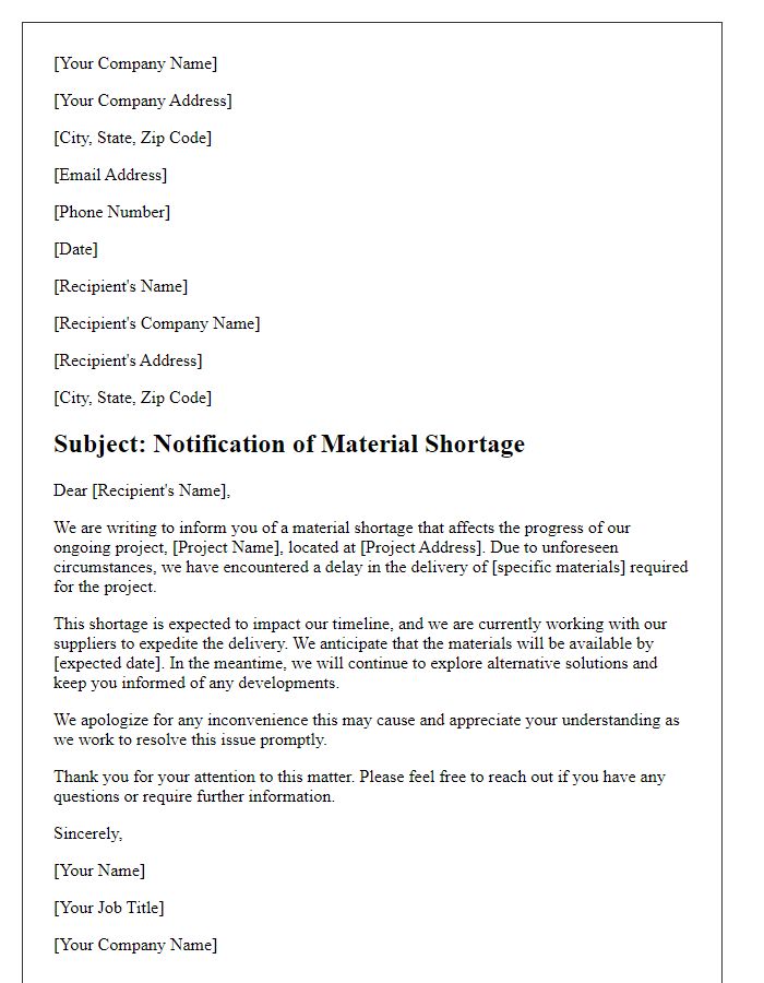 Letter template of subcontractor material shortage notification