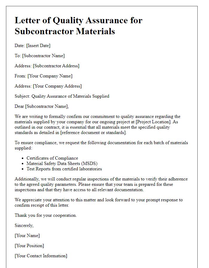 Letter template of subcontractor materials quality assurance