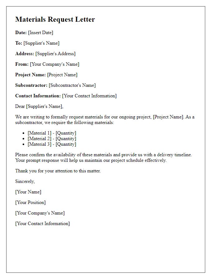 Letter template of subcontractor materials request