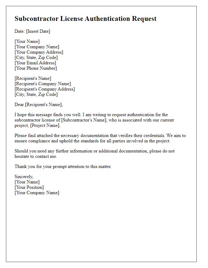 Letter template of subcontractor license authentication request