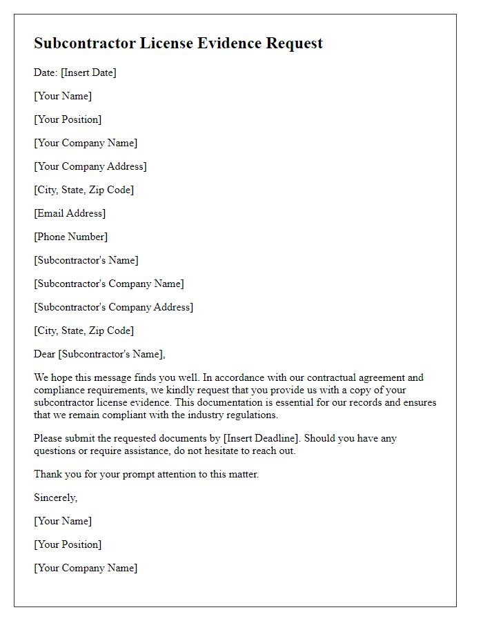 Letter template of subcontractor license evidence request