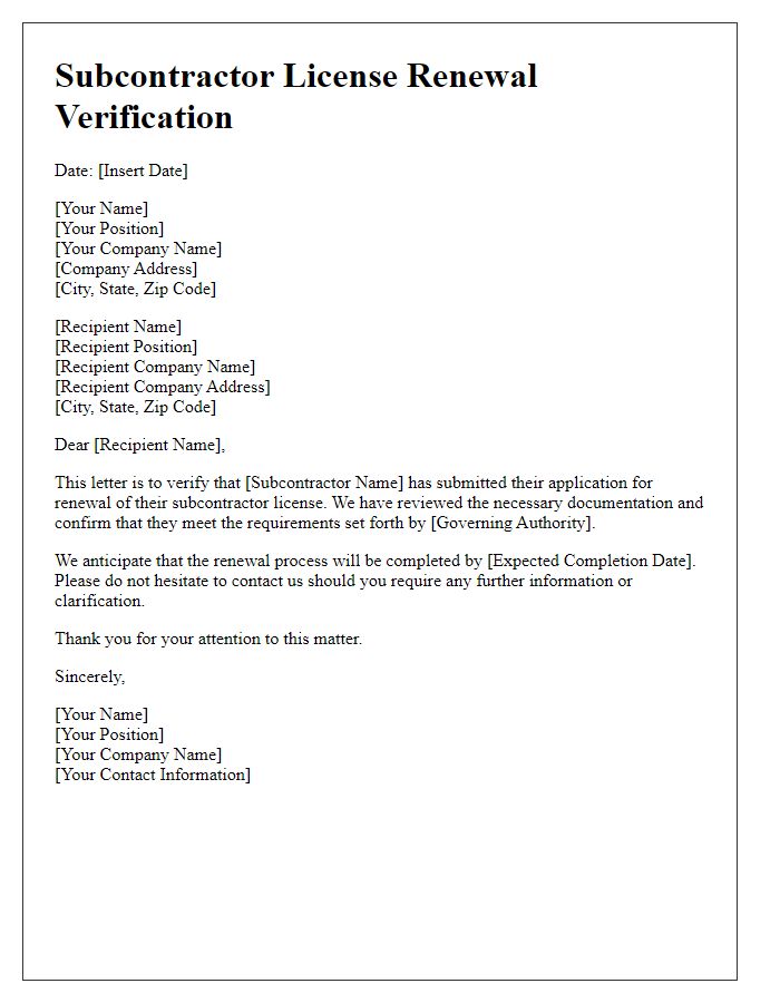 Letter template of subcontractor license renewal verification