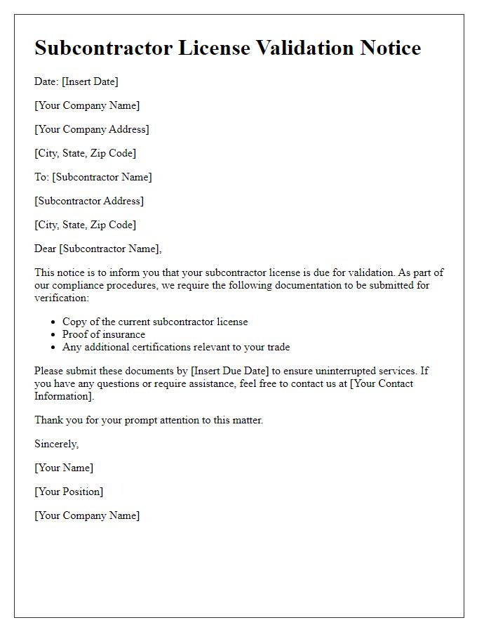 Letter template of subcontractor license validation notice