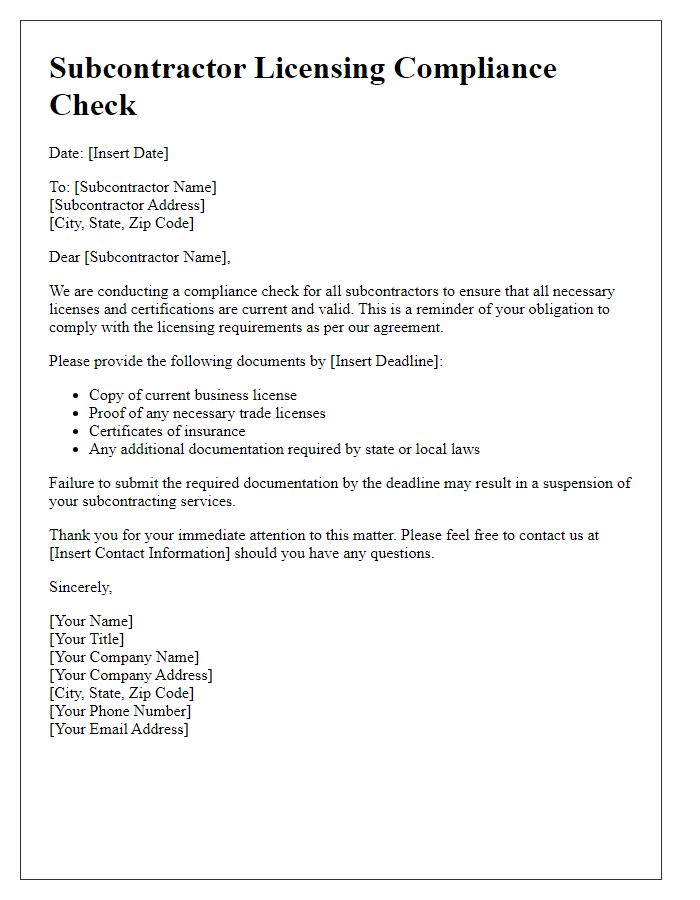 Letter template of subcontractor licensing compliance check