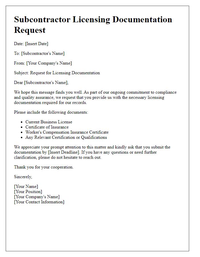 Letter template of subcontractor licensing documentation request