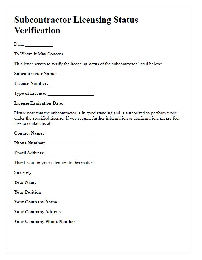 Letter template of subcontractor licensing status verification