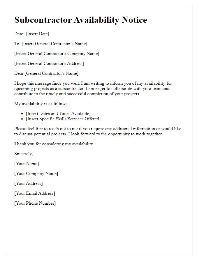 Letter template of subcontractor availability notice