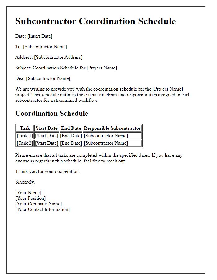 Letter template of subcontractor coordination schedule