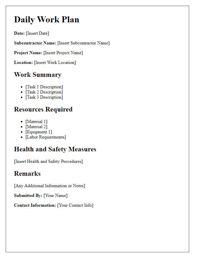 Letter template of subcontractor daily work plan