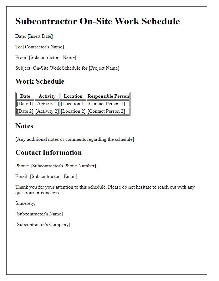 Letter template of subcontractor on-site work schedule