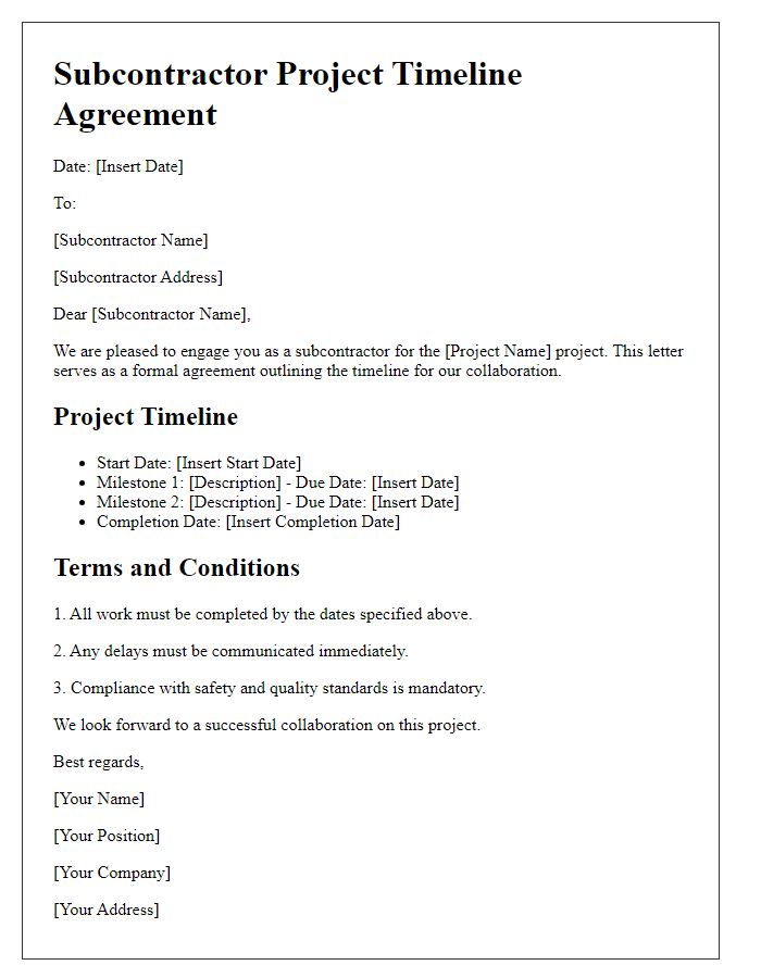 Letter template of subcontractor project timeline agreement