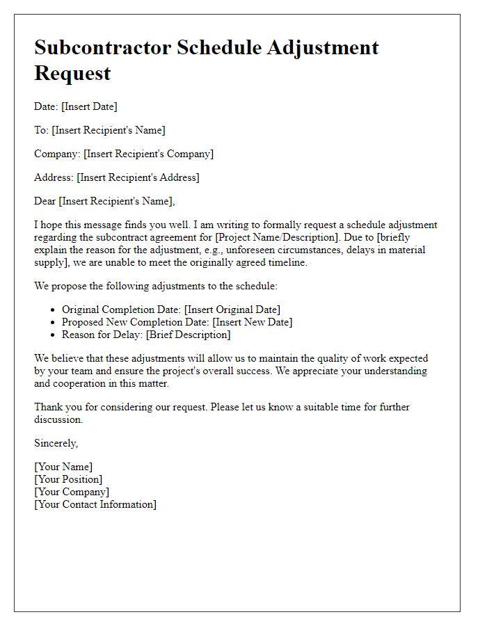 Letter template of subcontractor schedule adjustment request